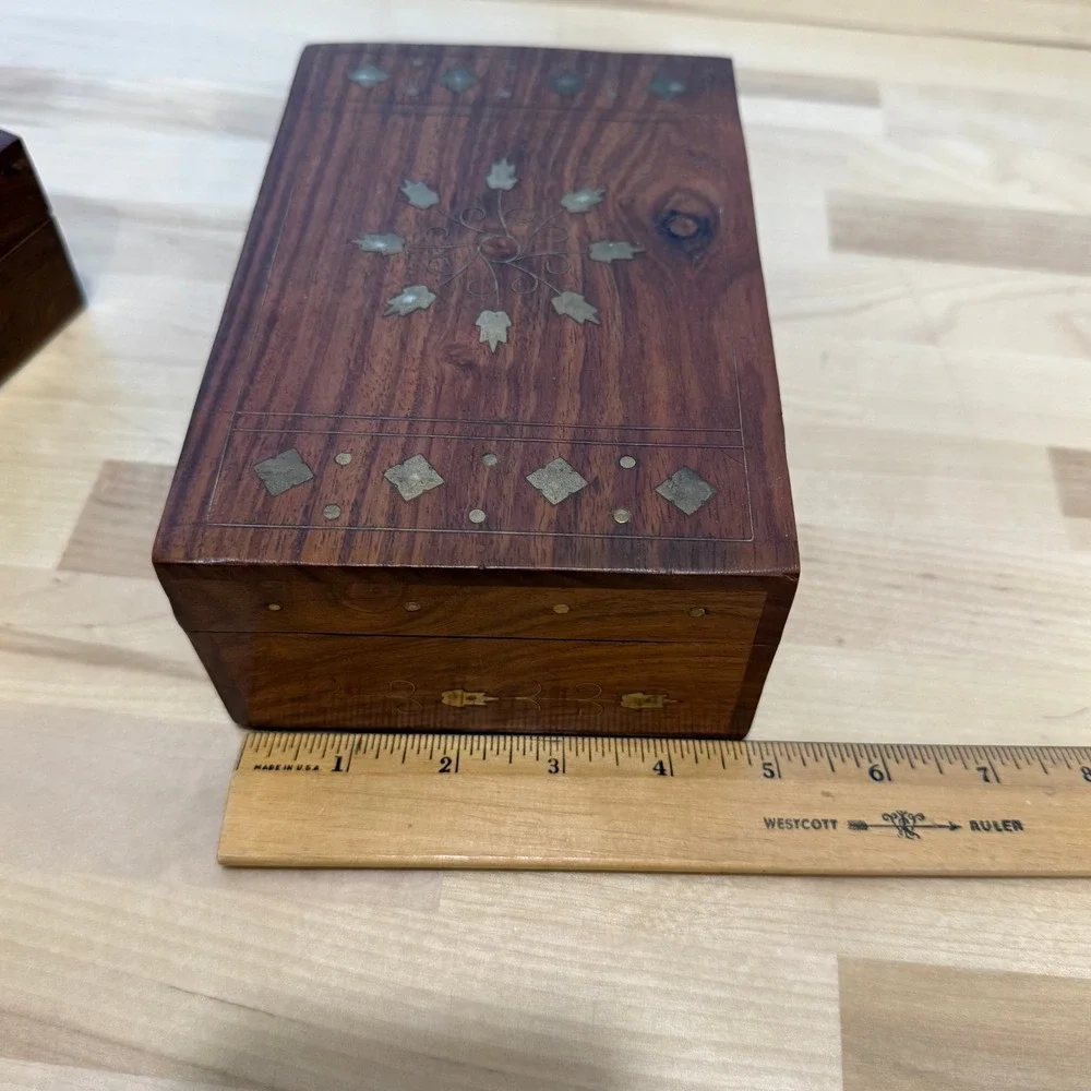 Vintage Wooden Brass Inlaid Boho Hinged Velvet Lined Trinket Boxes Lot of 2